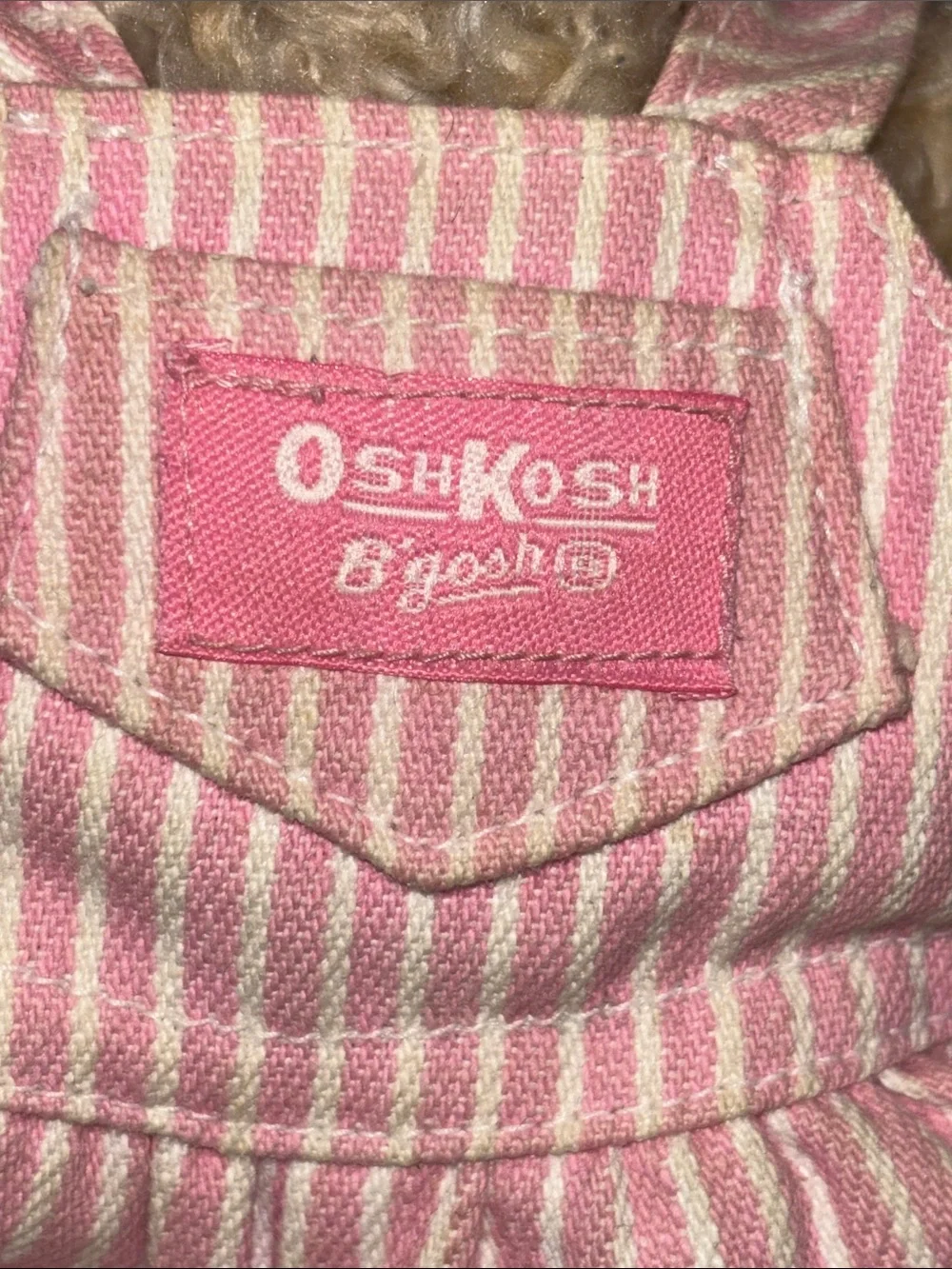 Vintage OshKosh B'gosh 11” Bear Pink & White Striped Overalls